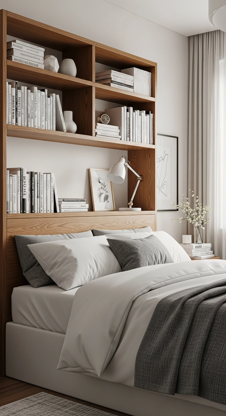 A modern bedroom showcasing bookshelf headboard ideas with wood shelving, books, and soft neutral bedding.