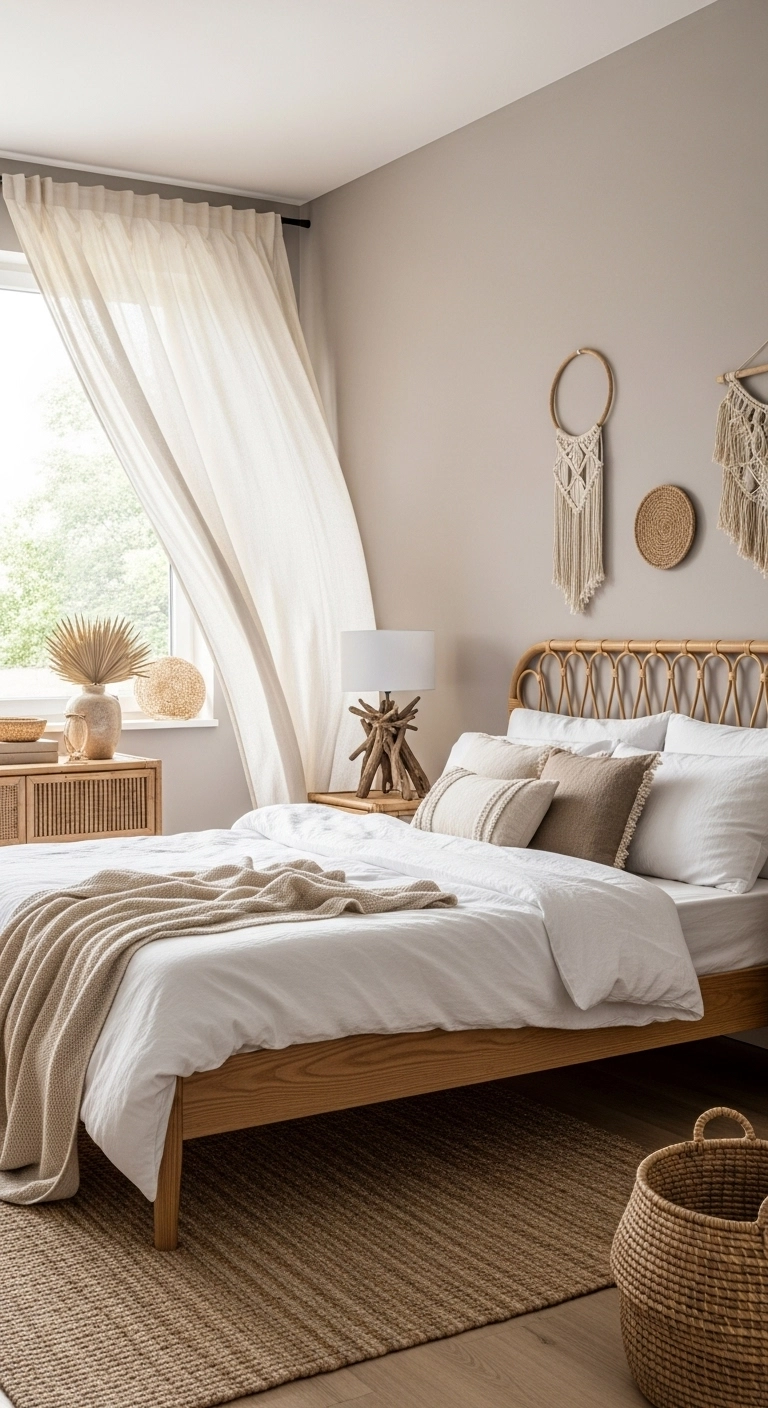 Calm boho coastal bedroom with white linen bedding, rattan headboard, and soft neutral decor ideas.