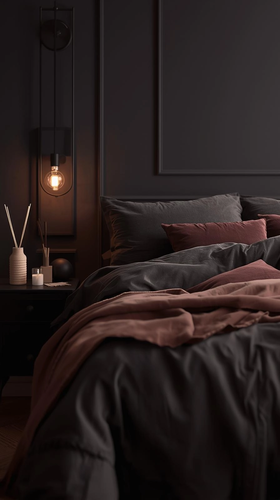 Dark feminine bedroom with candles and diffuser creating a calm, sensory-rich atmosphere.