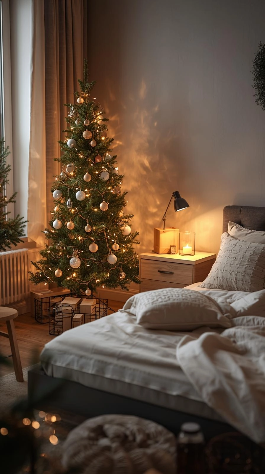 Cozy Christmas bedroom decor featuring a slim pre-lit Christmas tree with warm lights and simple wooden ornaments beside a neatly made bed.
