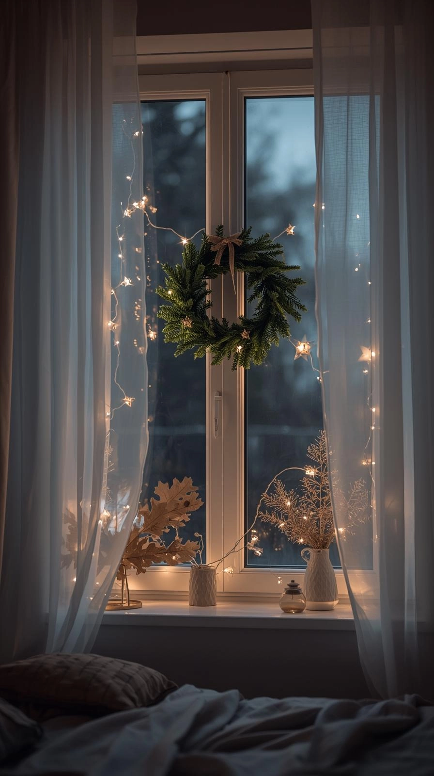 Christmas bedroom window decor with wreath, fairy lights, and sheer curtains glowing softly at night.