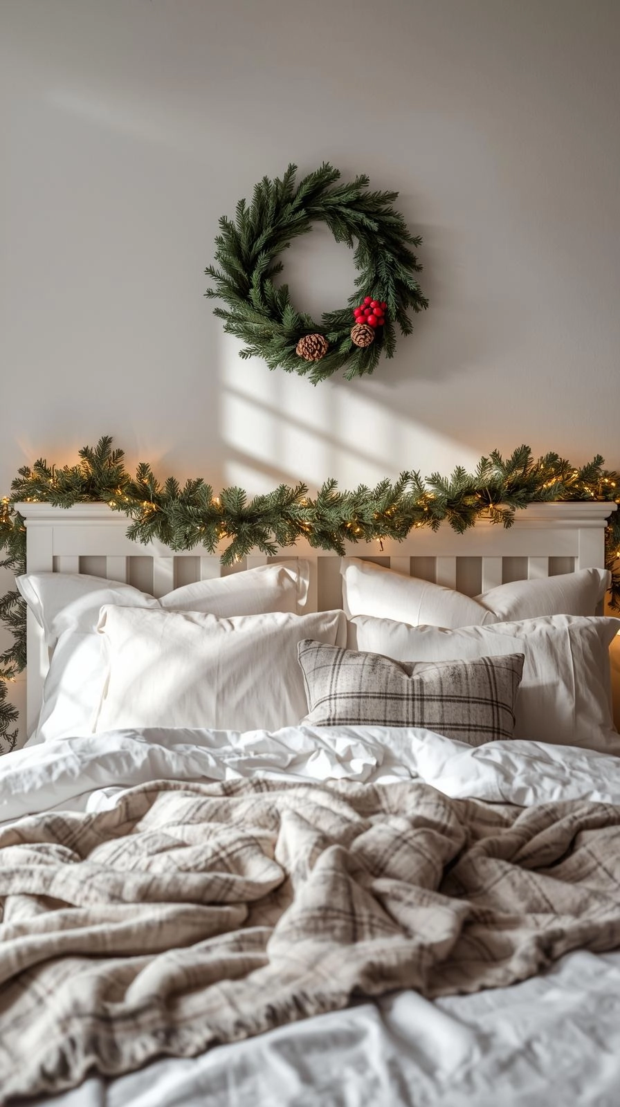 Christmas bedroom decor with a natural pine wreath above the bed and a garland with warm lights framing the headboard.