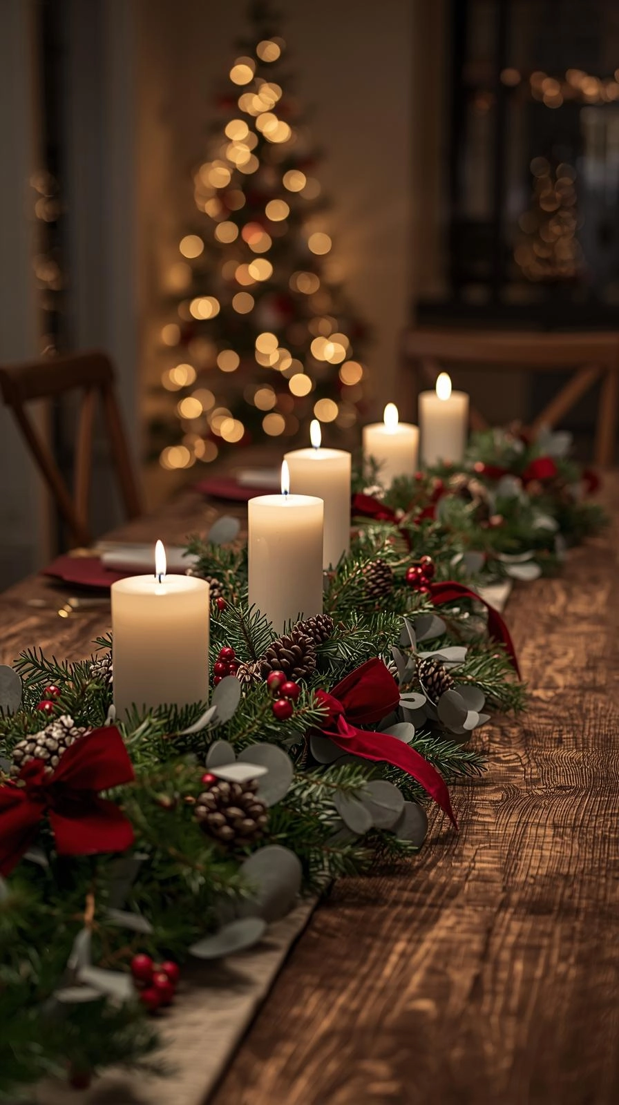 A cozy Christmas table centerpiece featuring glowing candles, pine greenery, and red berries for a timeless festive touch