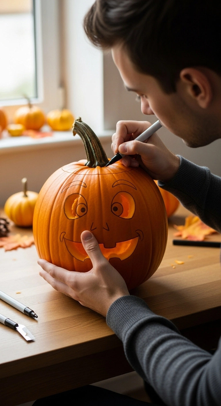 Person carving a pumpkin with expressive face showing classic jack o lantern ideas.