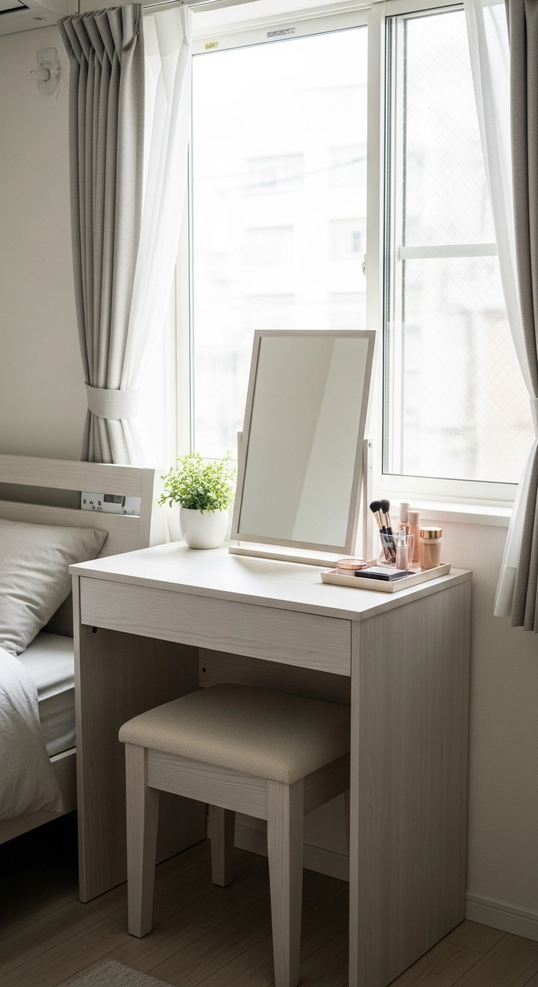 Compact vanity beside window in small bedroom with narrow desk, leaning mirror, and soft natural daylight.