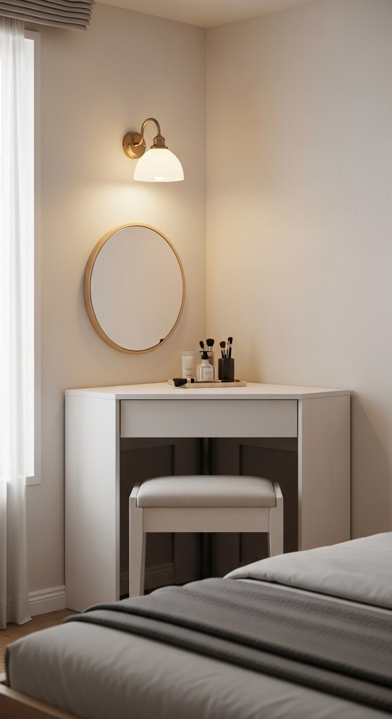 Modern corner vanity for small bedrooms with round mirror, soft lighting, and space-saving stool setup.