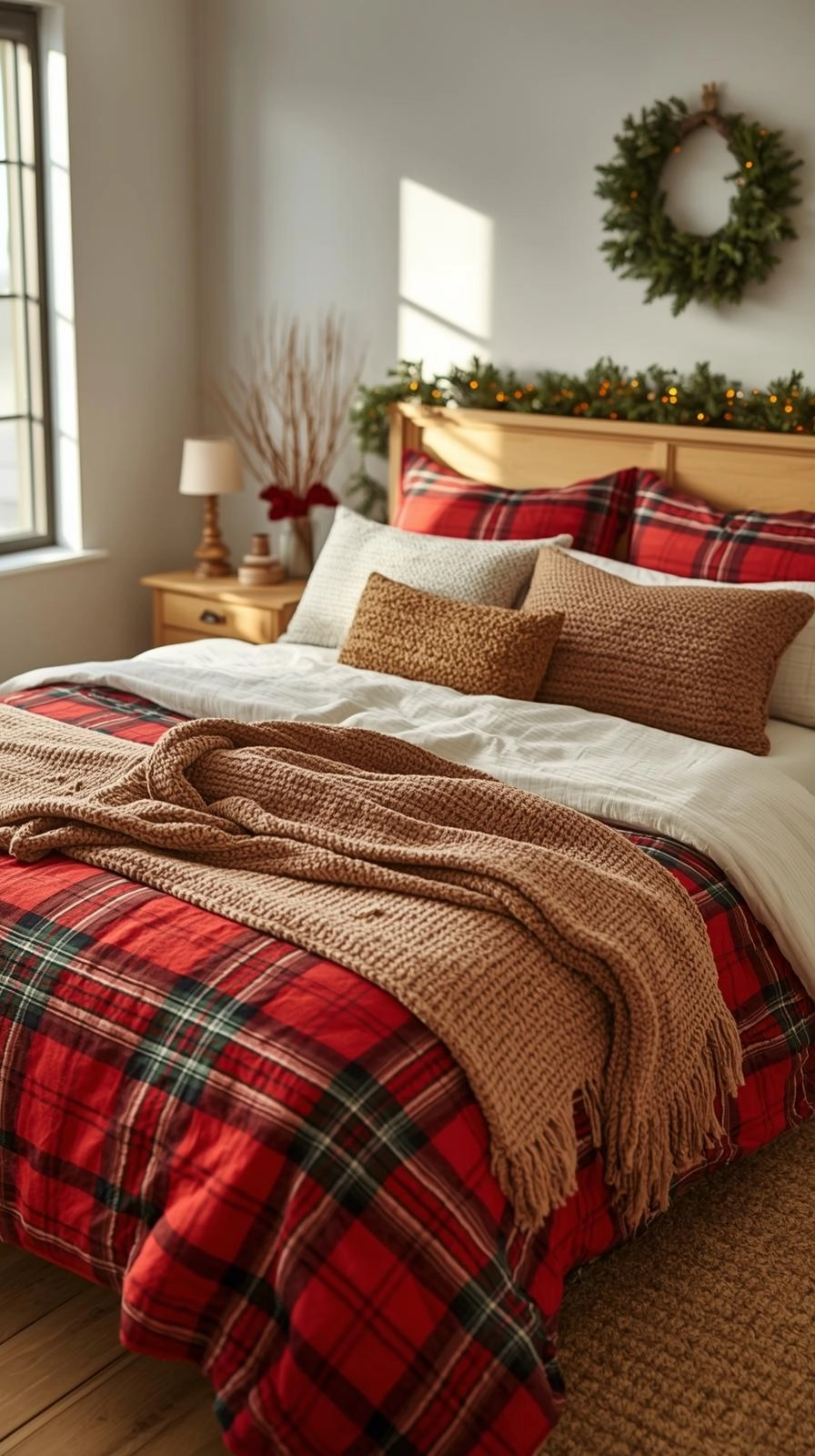 Cozy Christmas bedroom decor with red plaid bedding, soft flannel sheets, and winter throw pillows in a bright holiday bedroom.