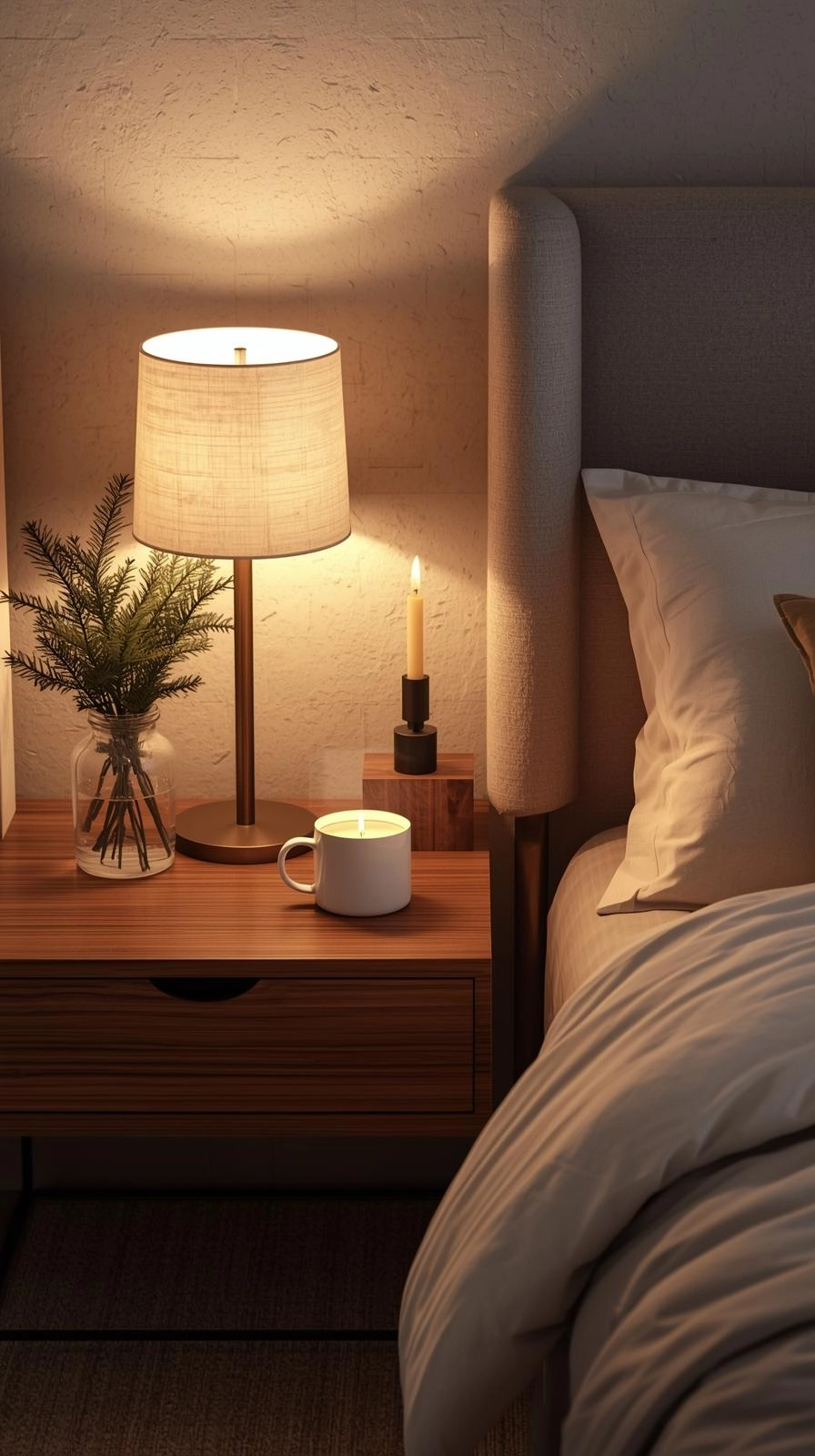 Cozy nightstand with Christmas bedroom decor including candle, mug, and evergreen vase beside a softly lit bed.