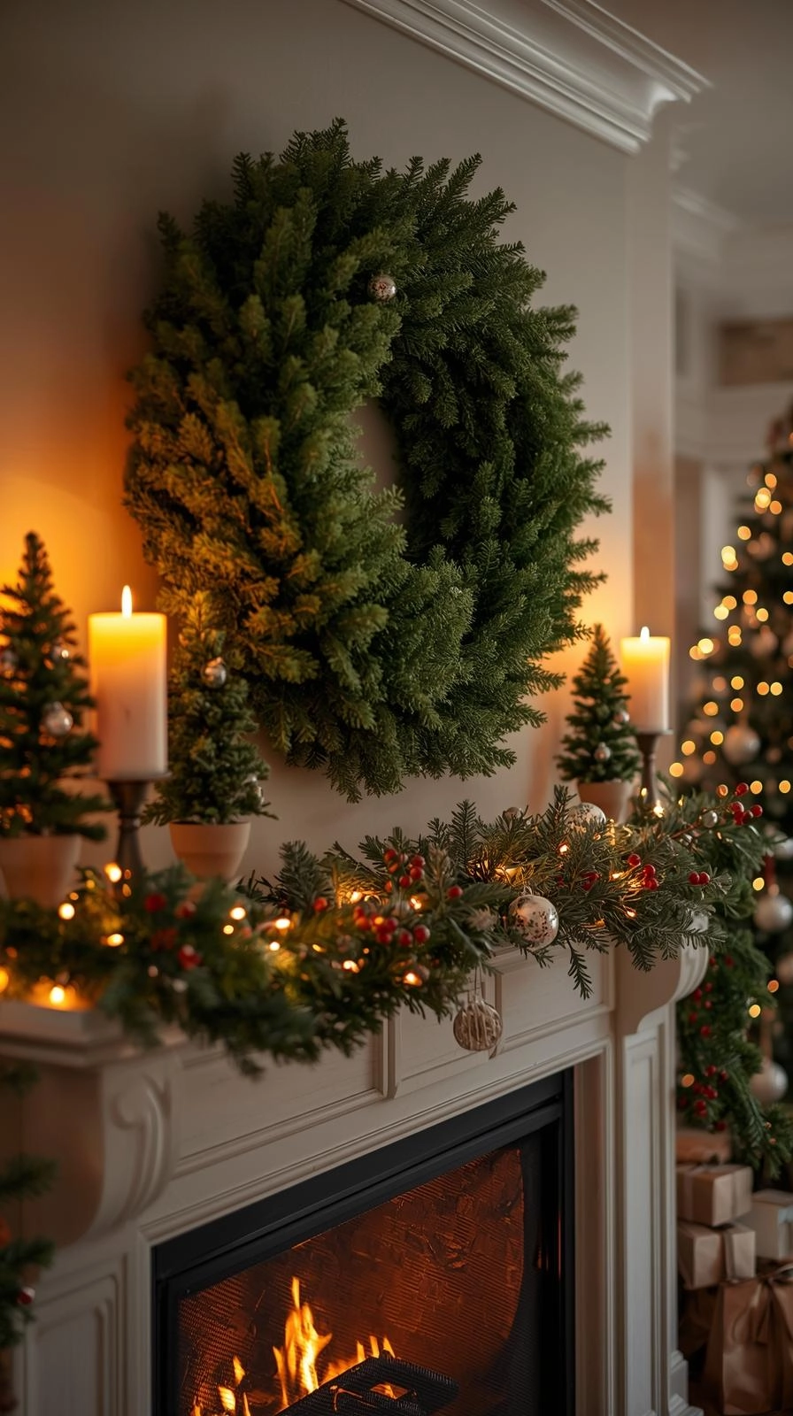 A cozy Christmas mantel with a large wreath focal point, surrounded by candles and garlands in warm festive lighting.
