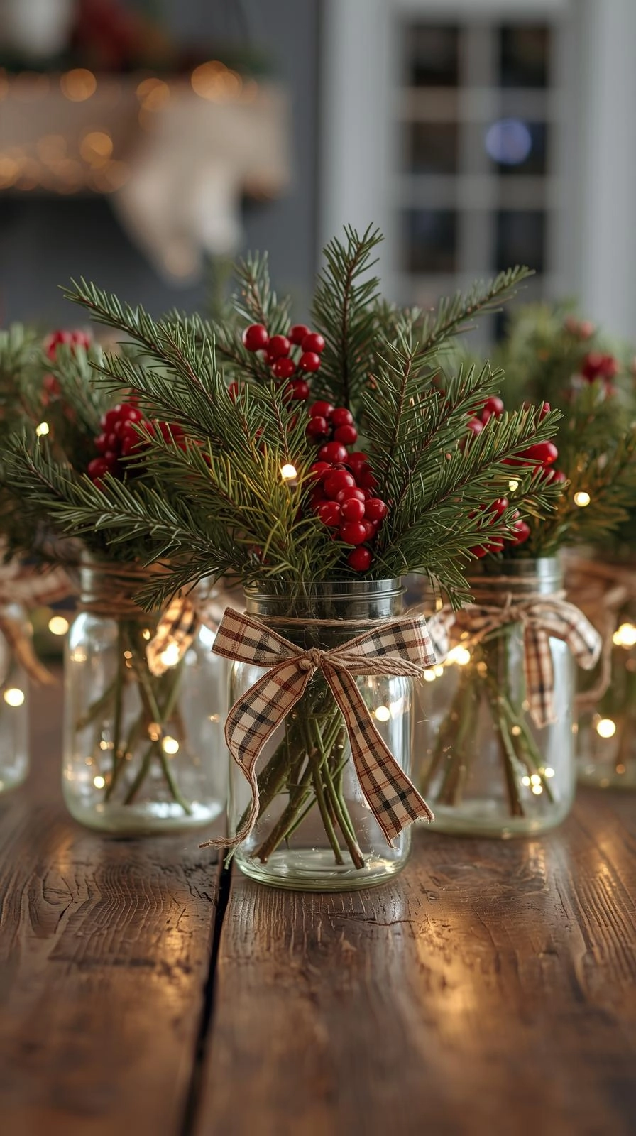 Farmhouse Christmas table centerpiece with mason jars, red berries, and evergreen for a cozy festive look.