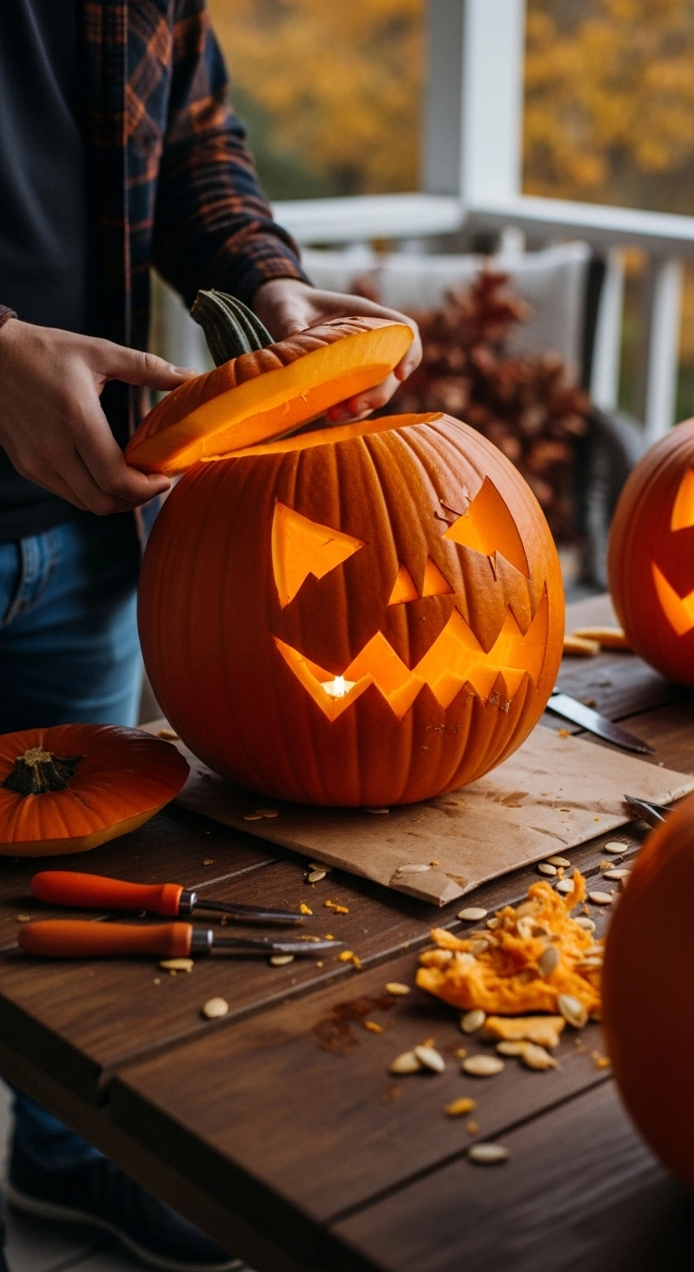 Inside-out pumpkin glowing at night with creative crazy pumpkin carving design ideas on a wooden table.