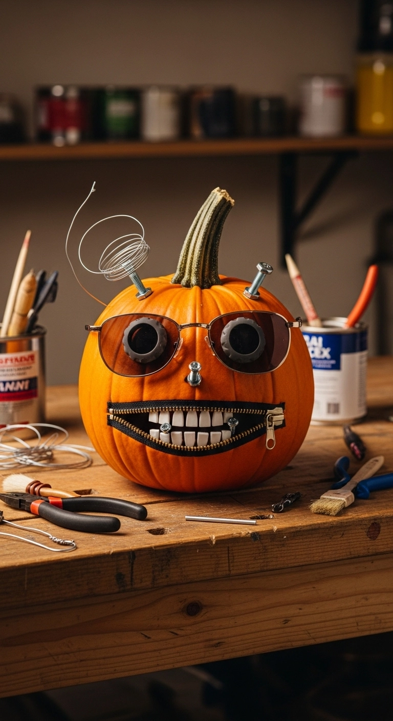 Creative mixed media pumpkin decorated with bolts, sunglasses, and a zipper mouth showing crazy pumpkin carving design ideas