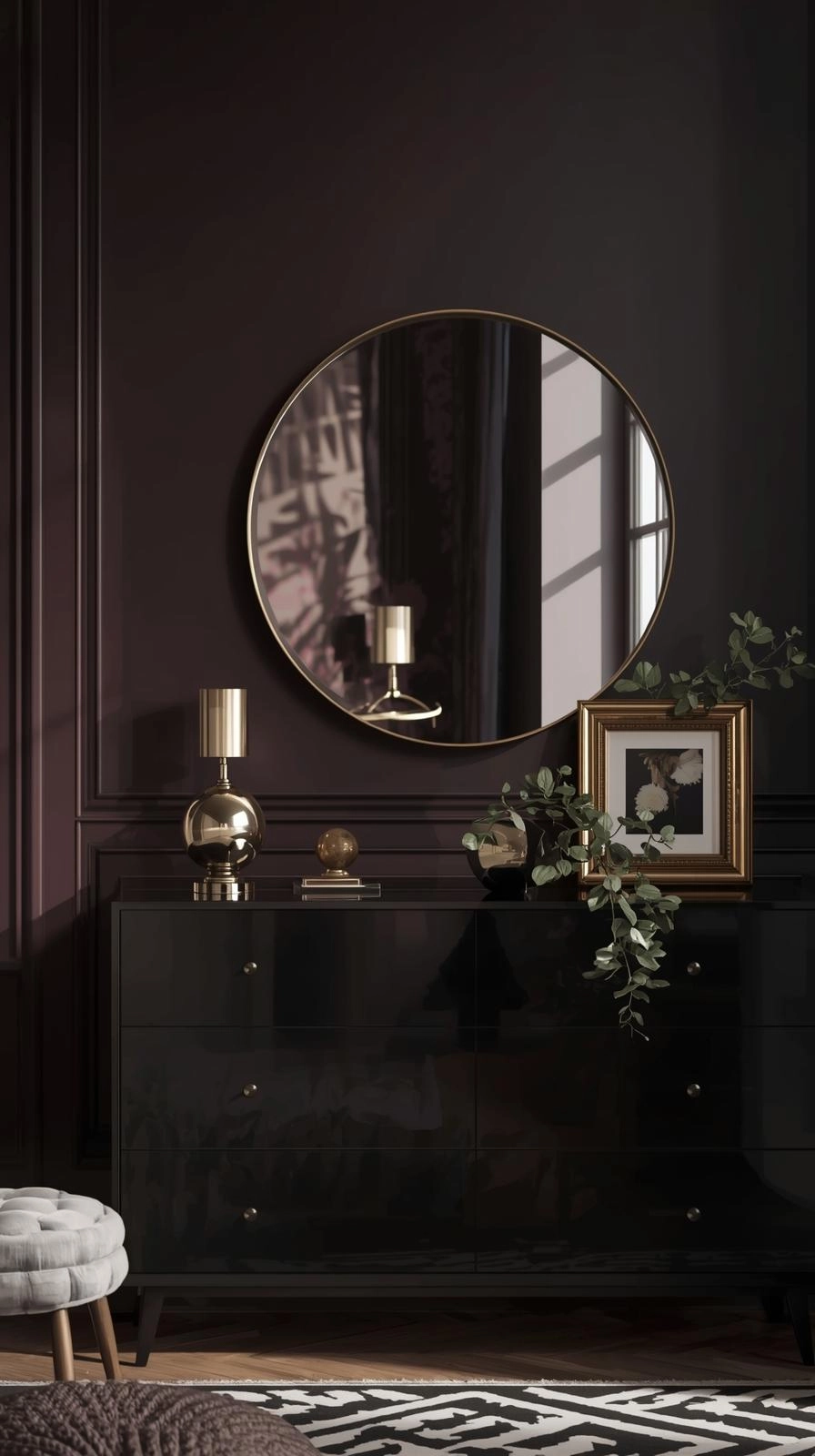 Dark feminine bedroom with brass-framed mirror and gold metallic accents reflecting soft, natural light.