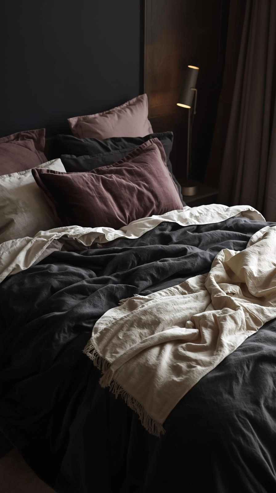 Dark feminine bedroom with layered velvet and linen bedding in soft, neutral tones creating a cozy, elegant texture mix.