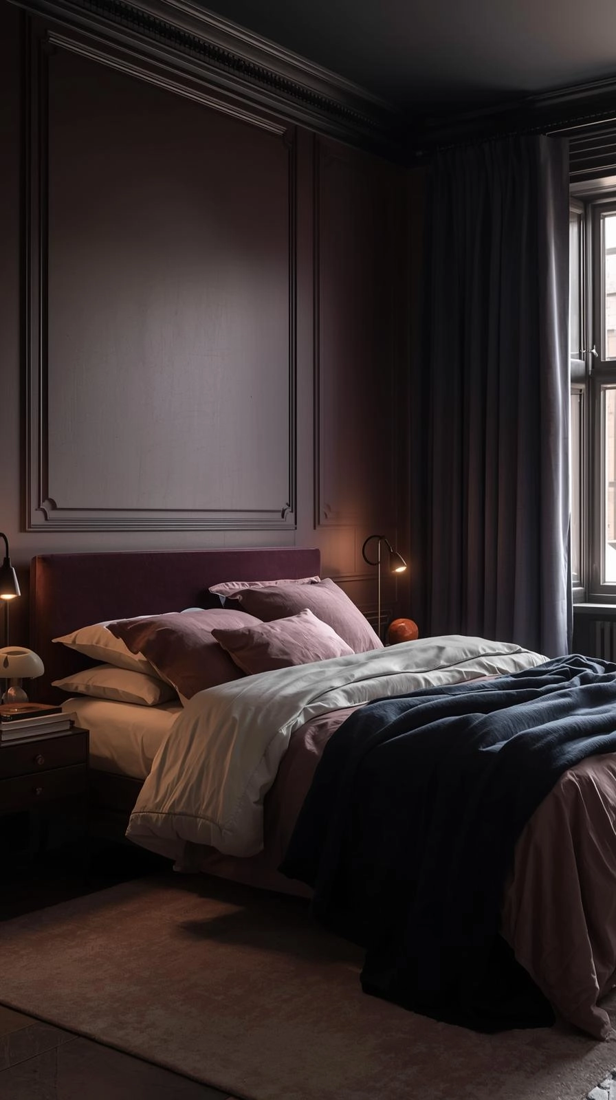 Dark feminine bedroom with charcoal walls, velvet bedding, and soft blush accents creating a calm, elegant atmosphere.