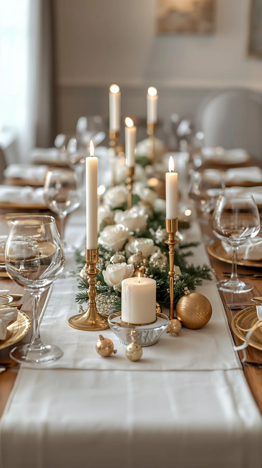 Elegant white and gold Christmas table centerpiece with candles, roses, and ornaments on a white table runner.