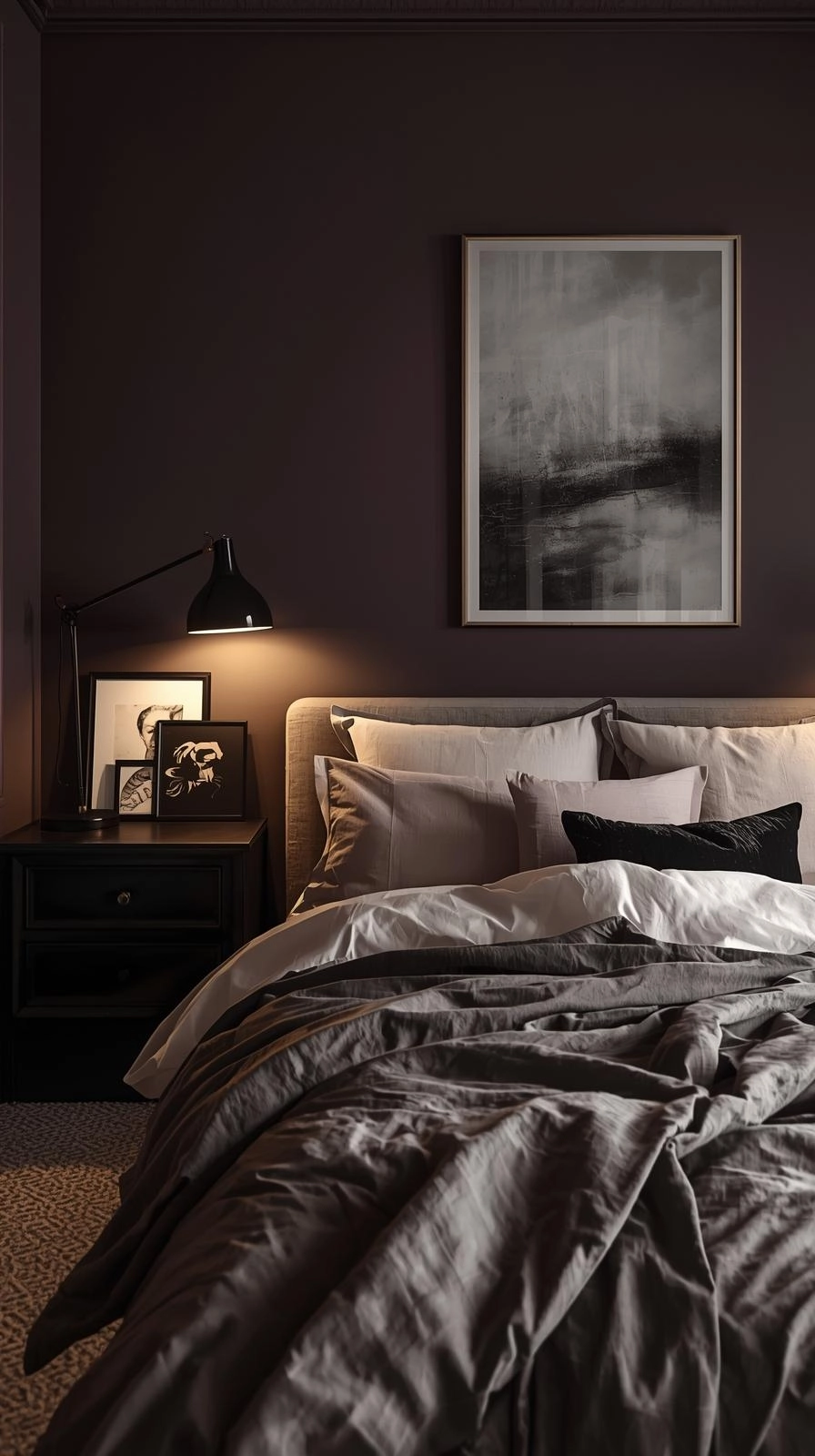 Dark feminine bedroom with abstract wall art and warm lighting creating an emotional and elegant atmosphere.