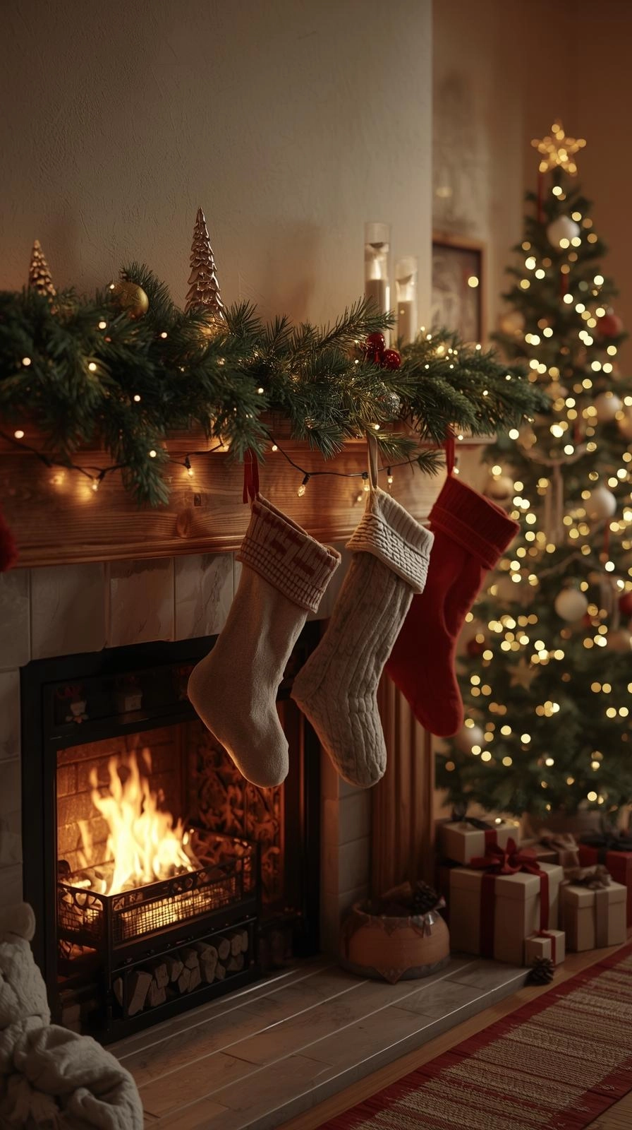 A cozy Christmas mantel gradually decorated with greenery, stockings, ornaments, and lights through the holiday season.