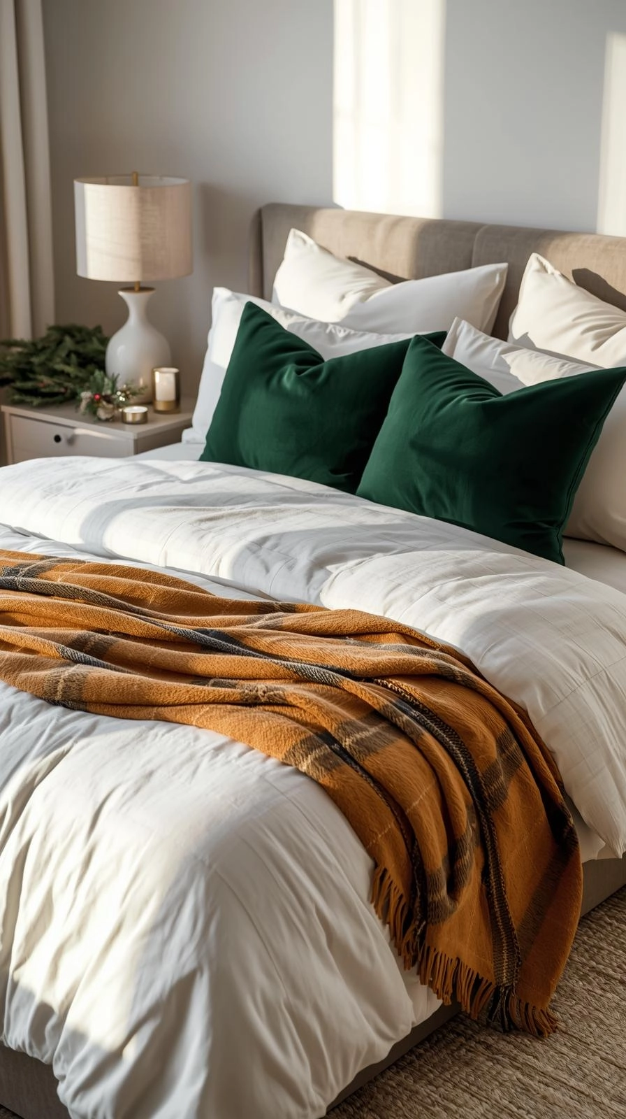 Christmas bedroom decor with beige and white bedding, gold accents, and deep green pillows creating a calm festive color palette.