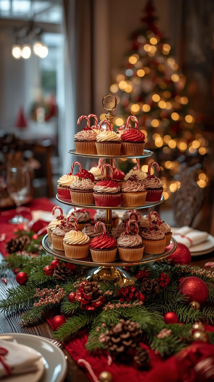 Christmas table centerpiece with a dessert display of cookies, cupcakes, and candy canes on a festive tiered stand.