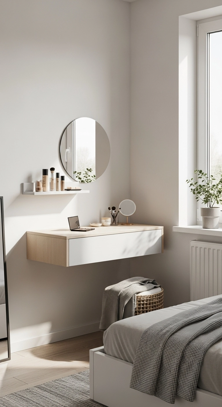 Floating vanity for small bedrooms with light wood shelf, wall-mounted mirror, and open floor space for a modern airy feel.