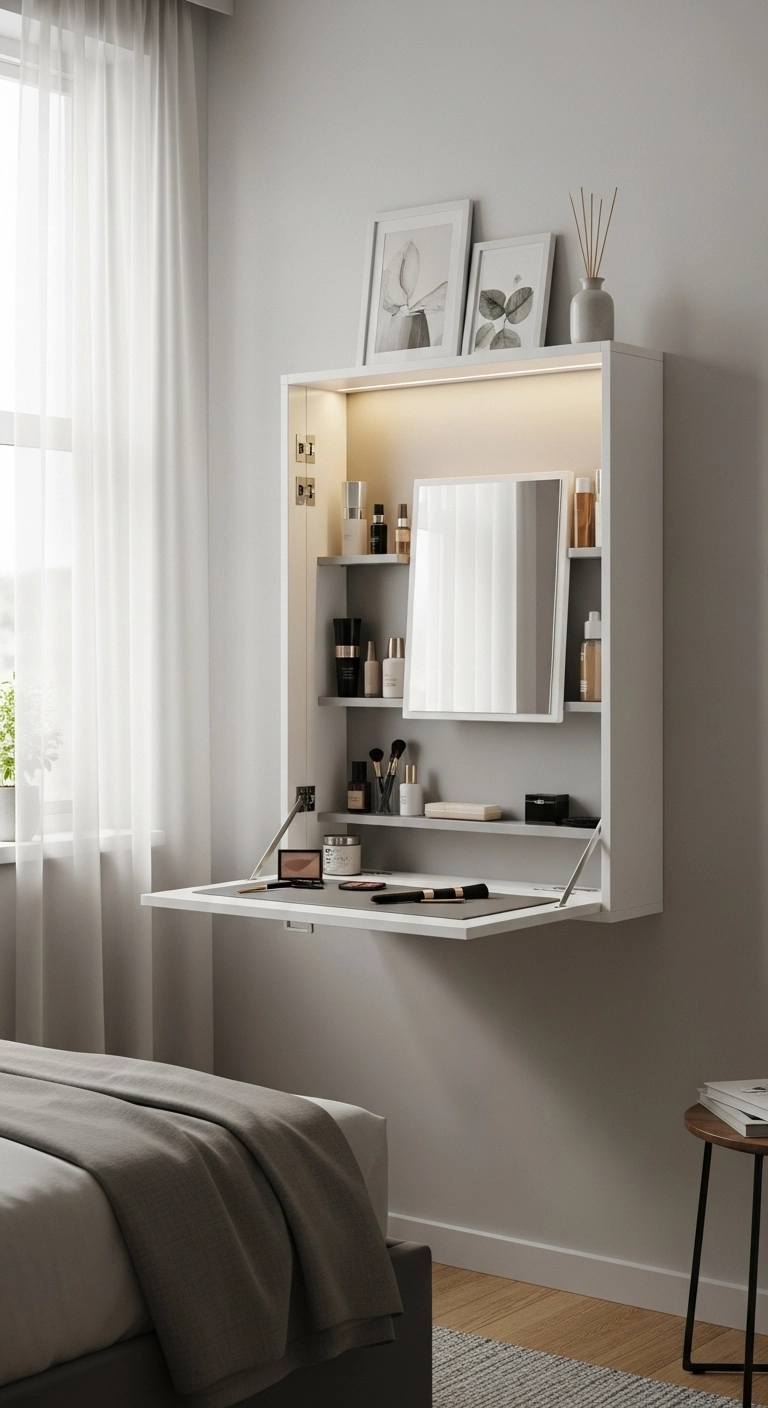 Fold-down vanity for small bedrooms with built-in mirror, LED lighting, and foldable tabletop beside a bright window.