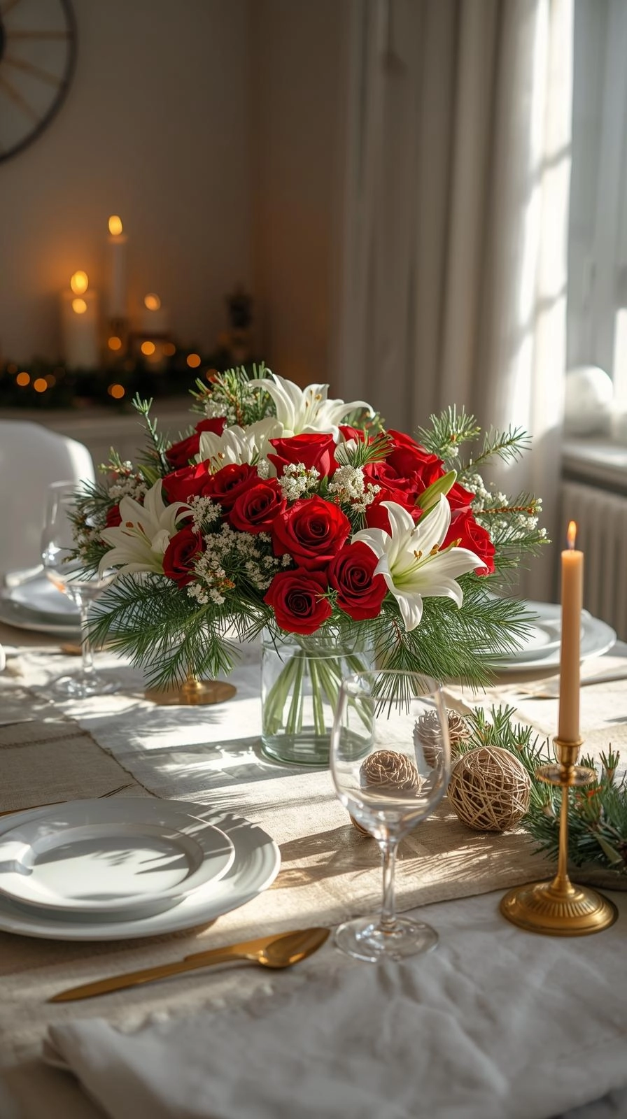 Fresh floral Christmas table centerpiece with red roses, white lilies, and pine greenery in a cozy holiday dining room.