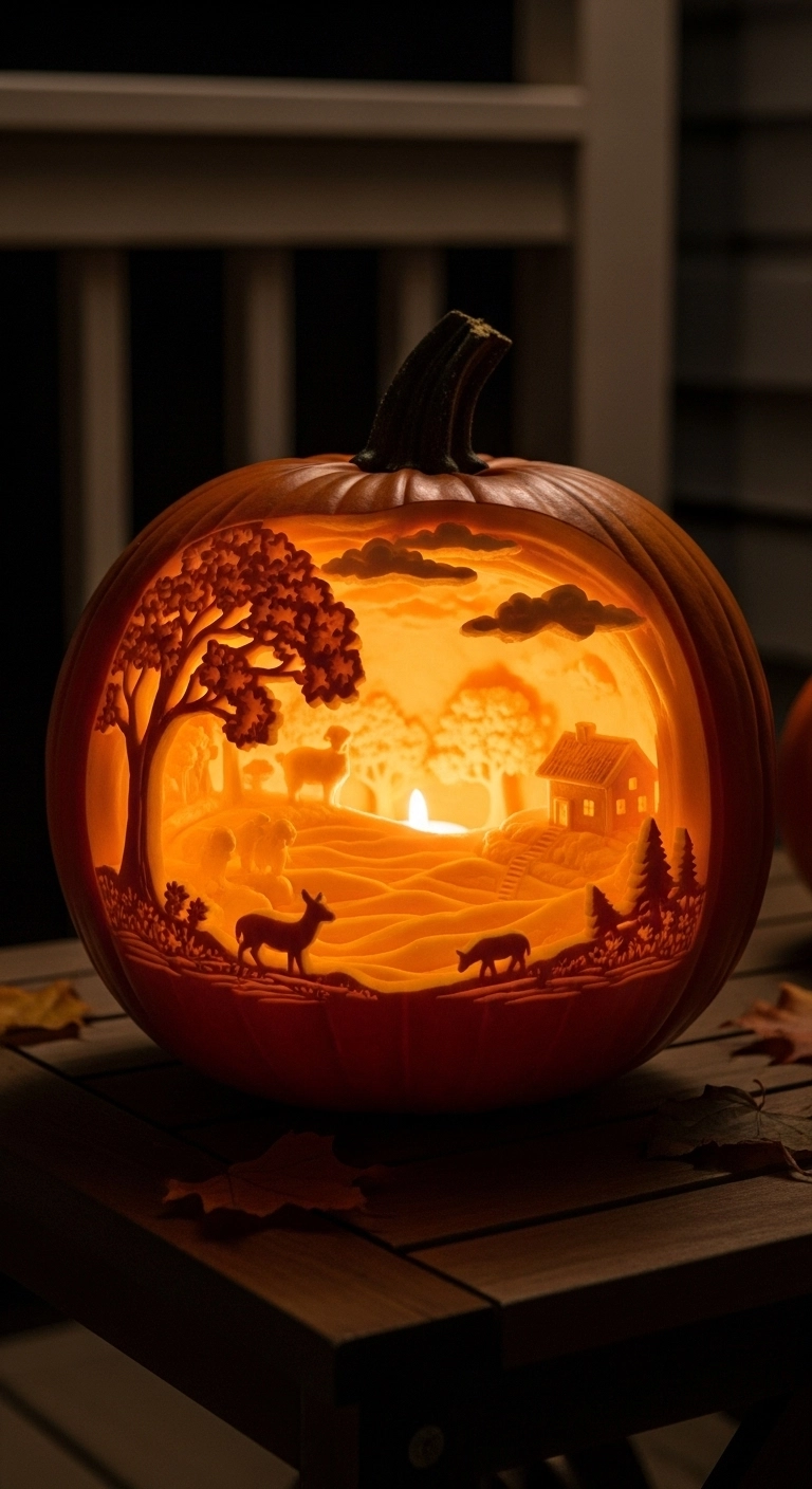 Pumpkin carved with a layered glow-in-the-dark scene of trees, houses, and animals for creative jack o lantern ideas.