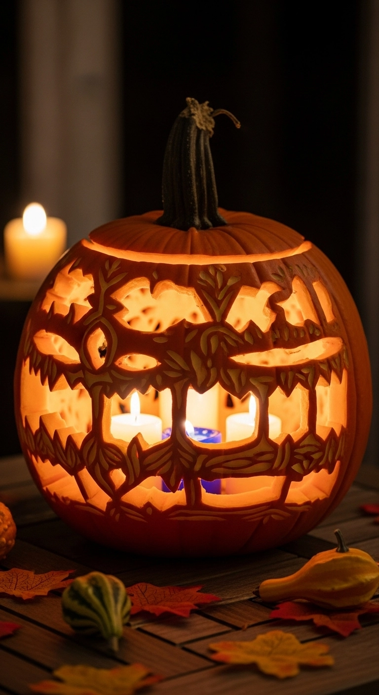 Pumpkin illuminated with candles and colored LEDs to highlight carved textures for creative jack o lantern ideas.
