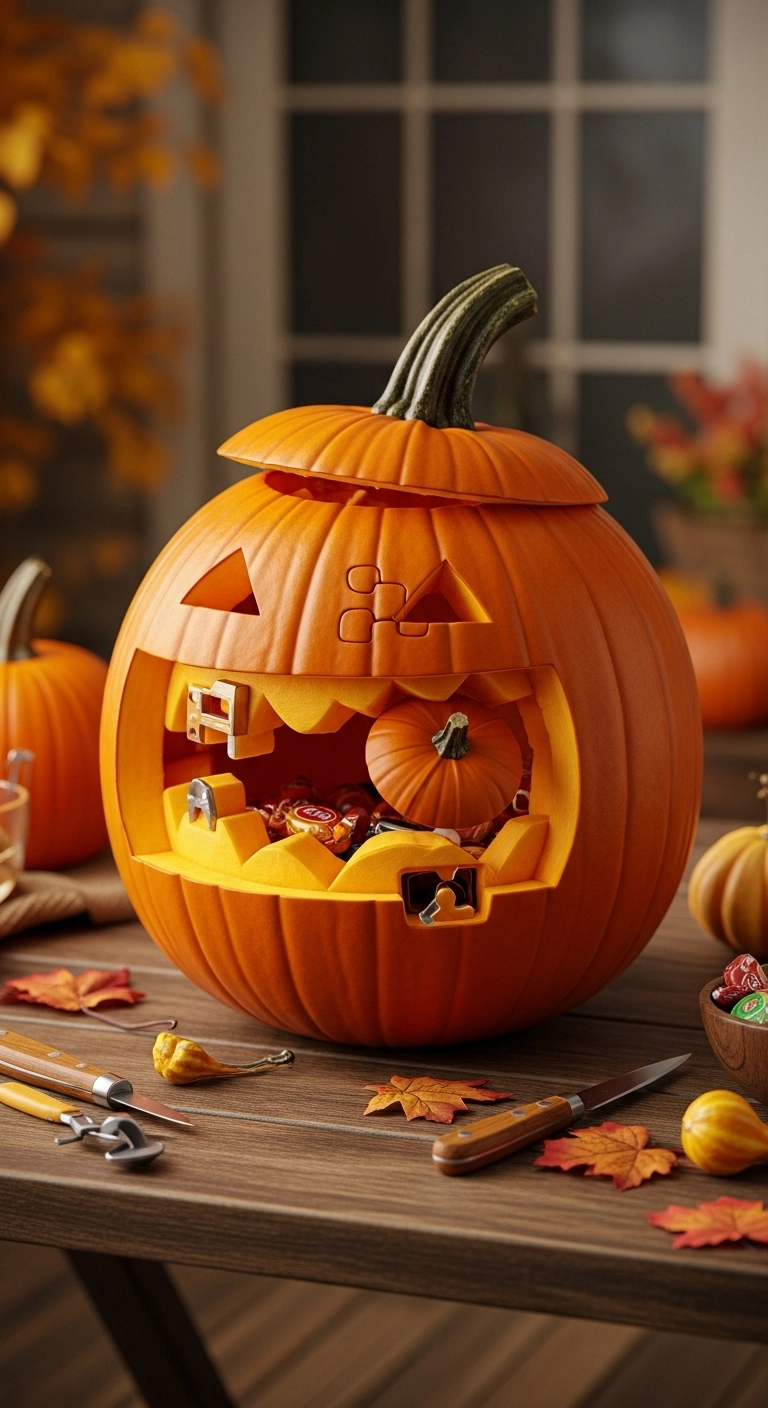 Interactive pumpkin with hinged mouth and hidden candy, showcasing creative jack o lantern ideas for fun Halloween displays.