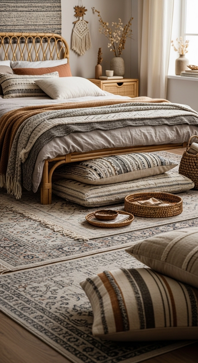 Boho style bedroom with layered rugs, blankets, and cushions, featuring baskets and natural textures for a cozy, personalized space.