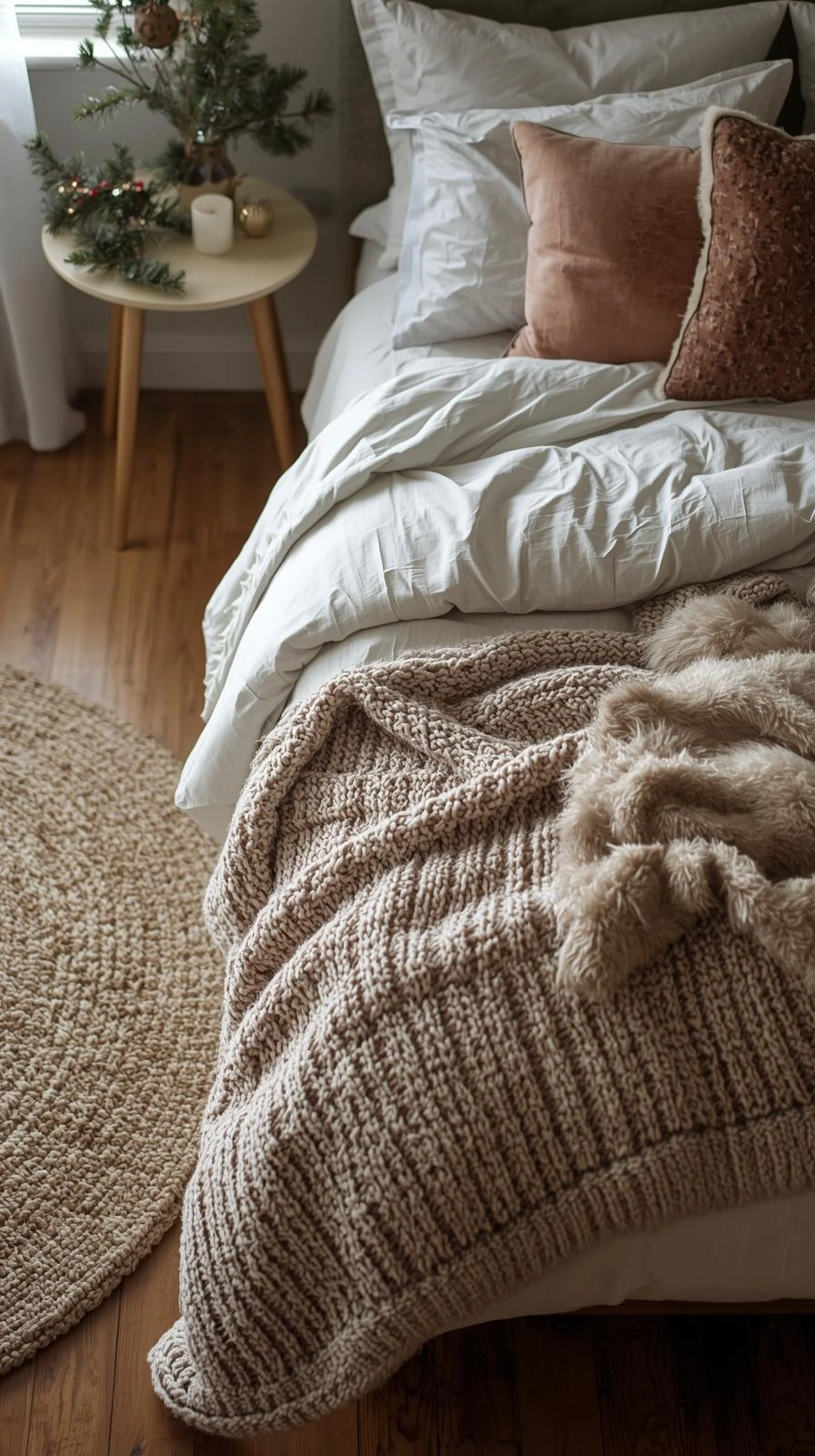 Christmas bedroom decor with layered textures including knit blankets, velvet cushions, and faux fur throws for a cozy holiday feel.