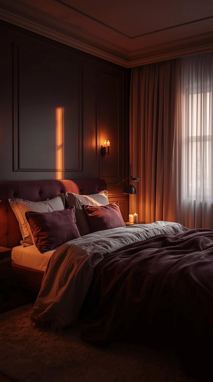 Dark feminine bedroom with layered warm lighting, bedside lamps, and candles creating a soft, cozy glow.