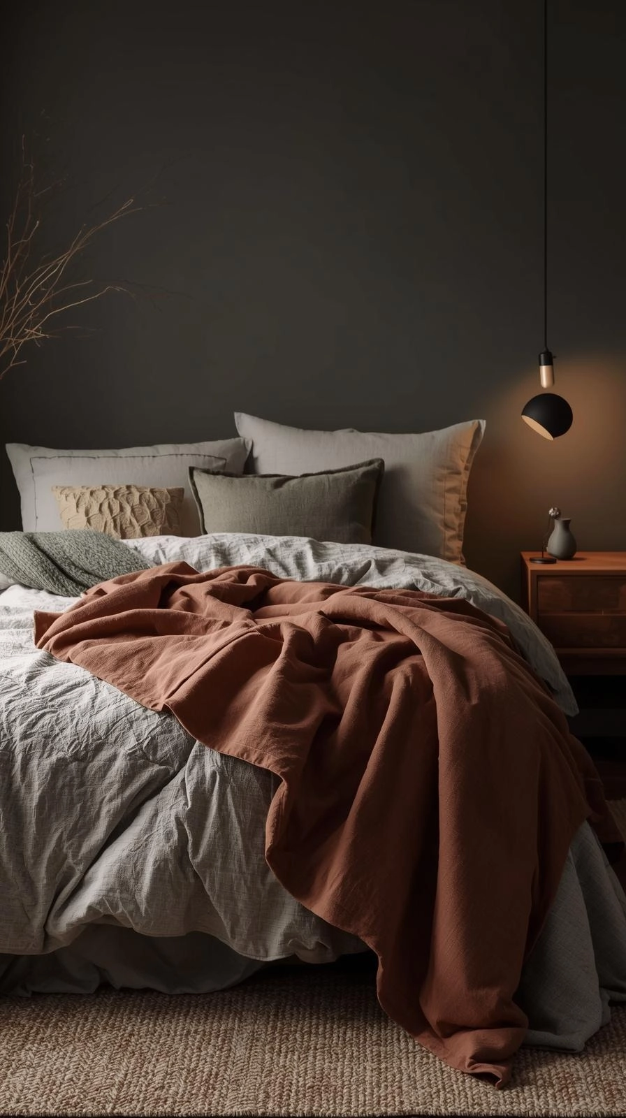 Cozy moody bedroom ideas with layered bedding in gray and olive tones for a relaxed, lived-in feel.