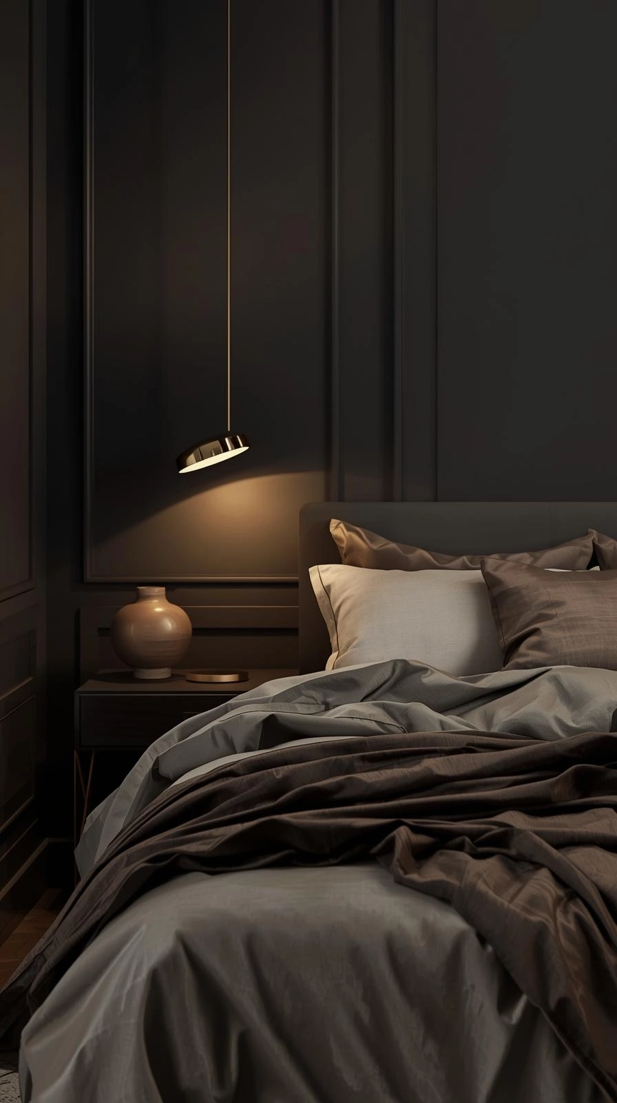 Cozy moody bedroom ideas using matte walls and shiny accents like brass and satin for balanced warmth and depth.