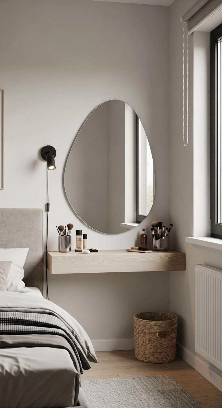 Minimal vanity shelf with statement mirror in small bedroom, neat makeup essentials, soft lighting, and open, stylish design.