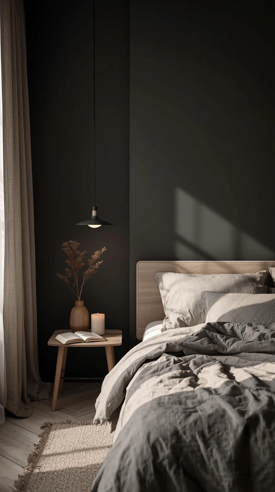 A minimalist moody bedroom with dark tones, soft lighting, and simple decor that creates a peaceful and meaningful atmosphere.