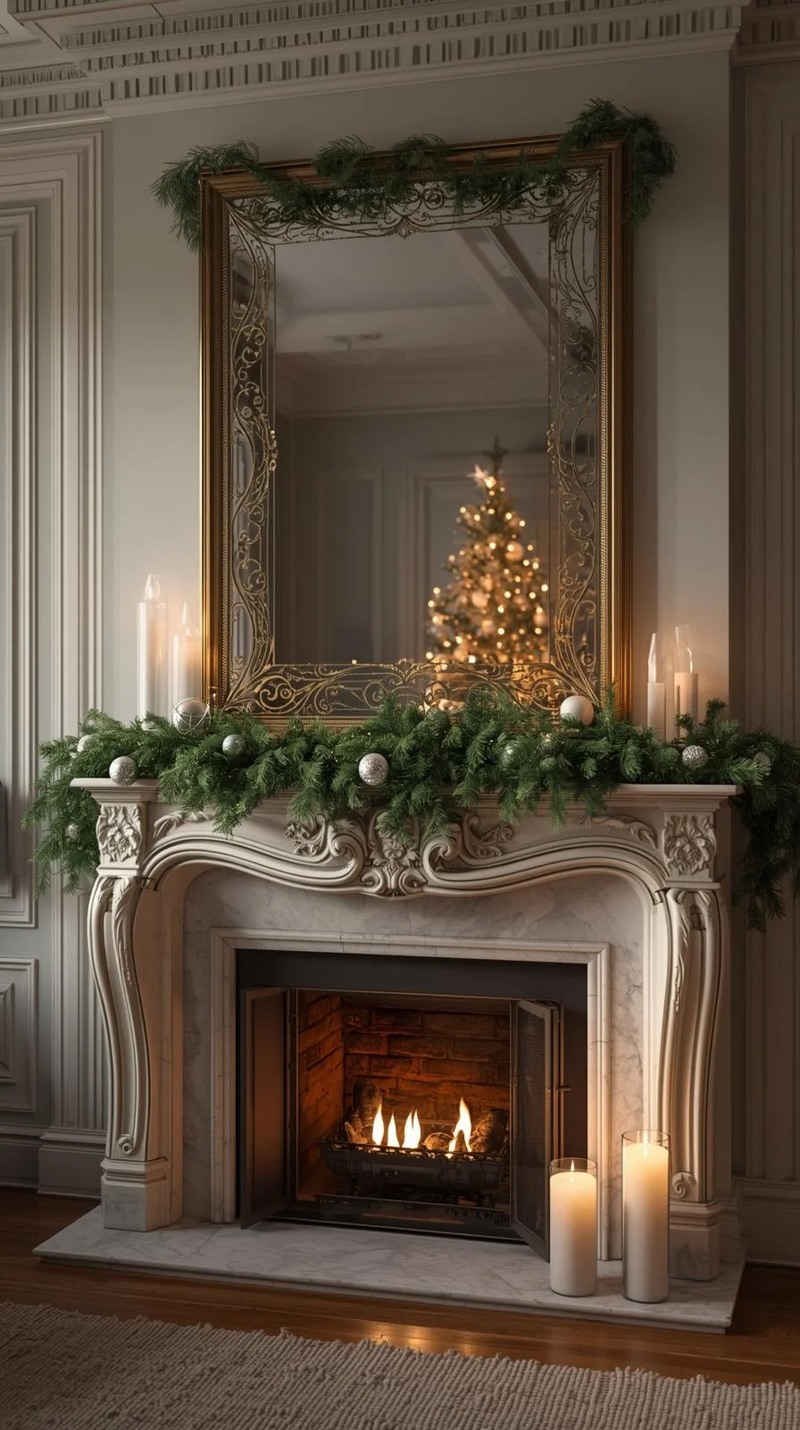 Christmas mantel with a mirror framed in garland reflecting tree lights, showing bright and balanced Christmas mantel ideas.