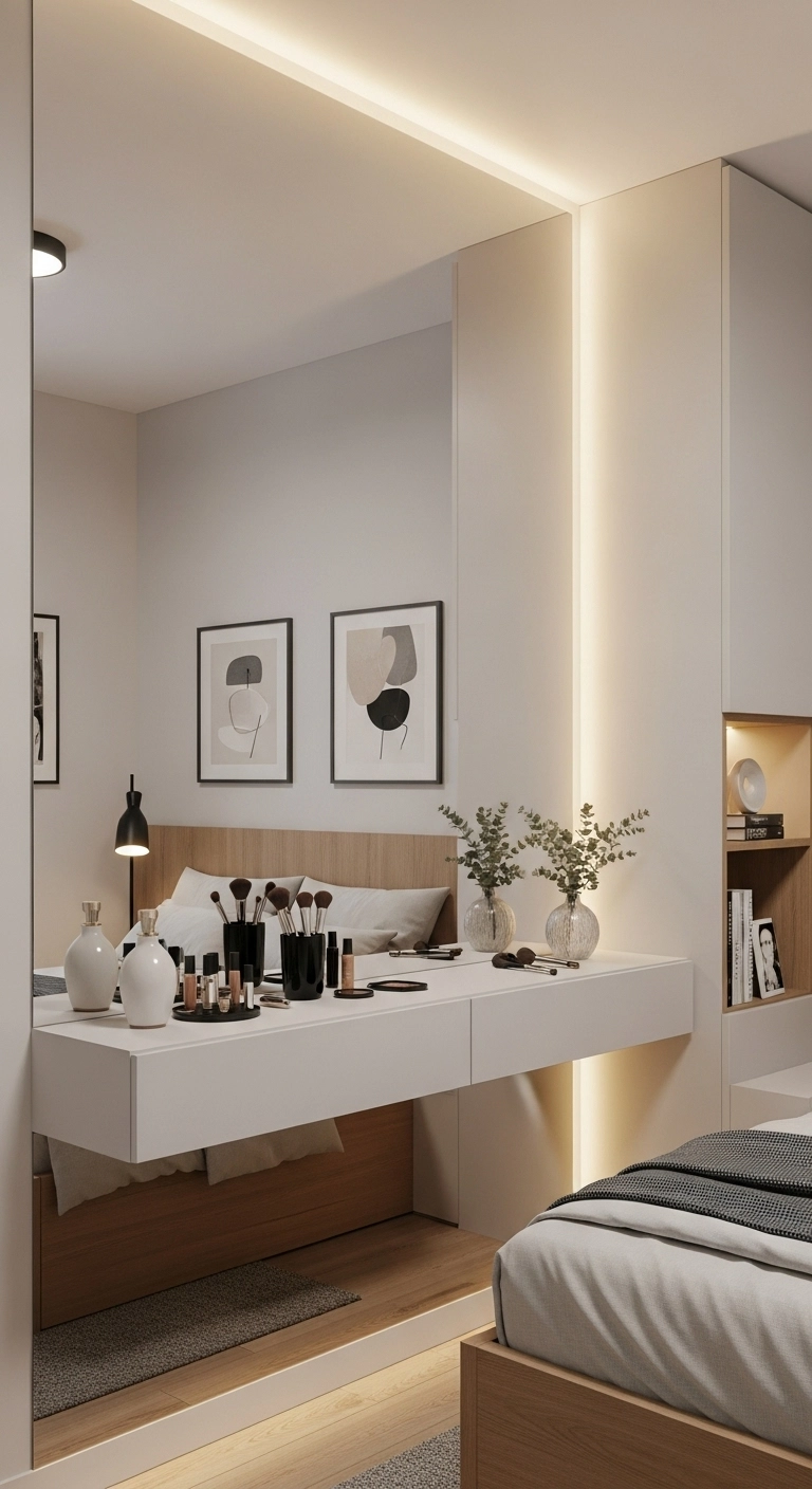 Mirror-wall vanity for small bedrooms with large wall mirror, slim shelf, and natural lighting for a spacious modern look.
