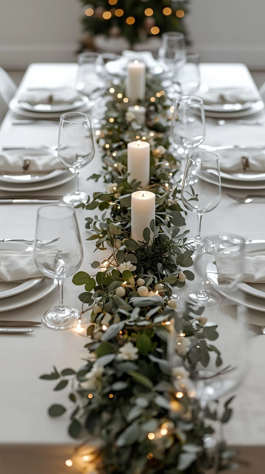 Modern minimalist Christmas table centerpiece with eucalyptus garland, white candles, and soft lighting