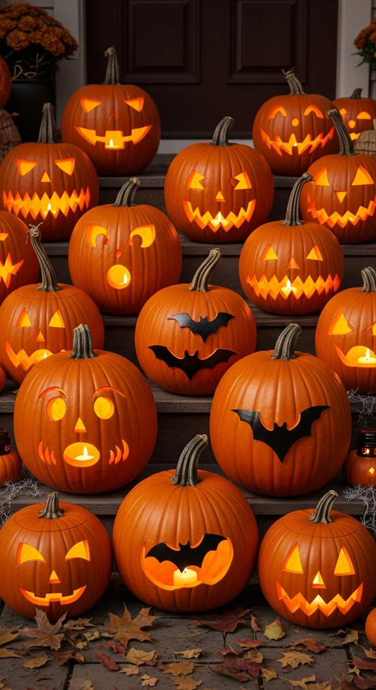Multiple pumpkins arranged in a creative scene with unique carvings for festive jack o lantern ideas.