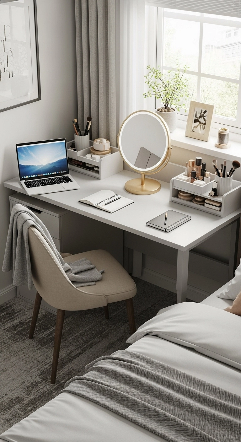 Multipurpose desk vanity for small bedrooms with round mirror, organized makeup trays, and workspace setup.