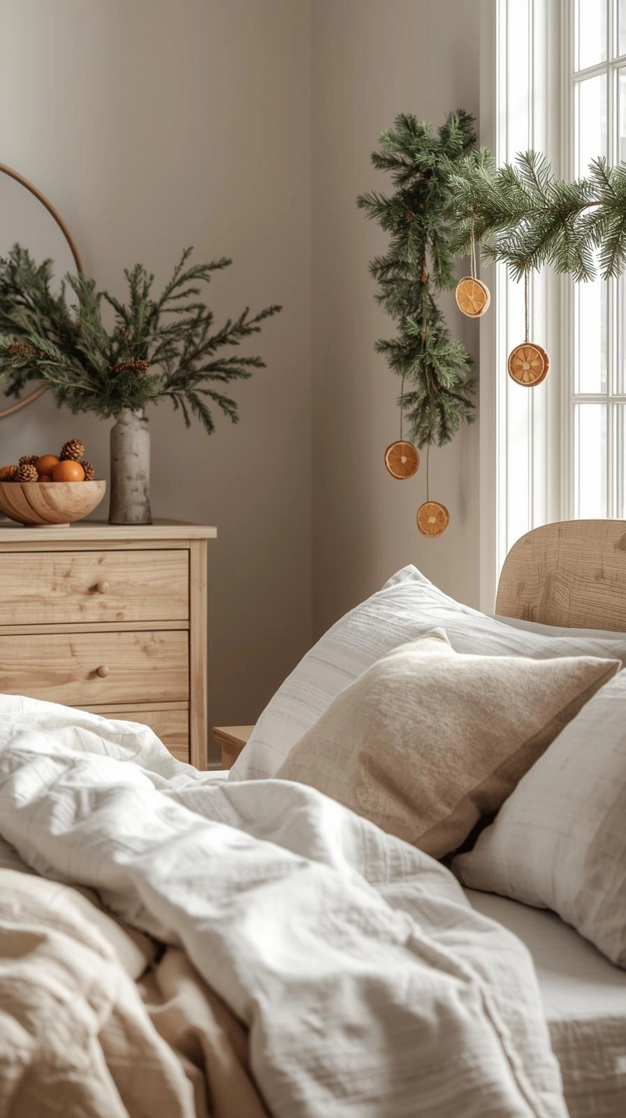 Christmas bedroom decor with natural elements like evergreen sprigs, pinecones, and dried orange slices for a simple, cozy touch.
