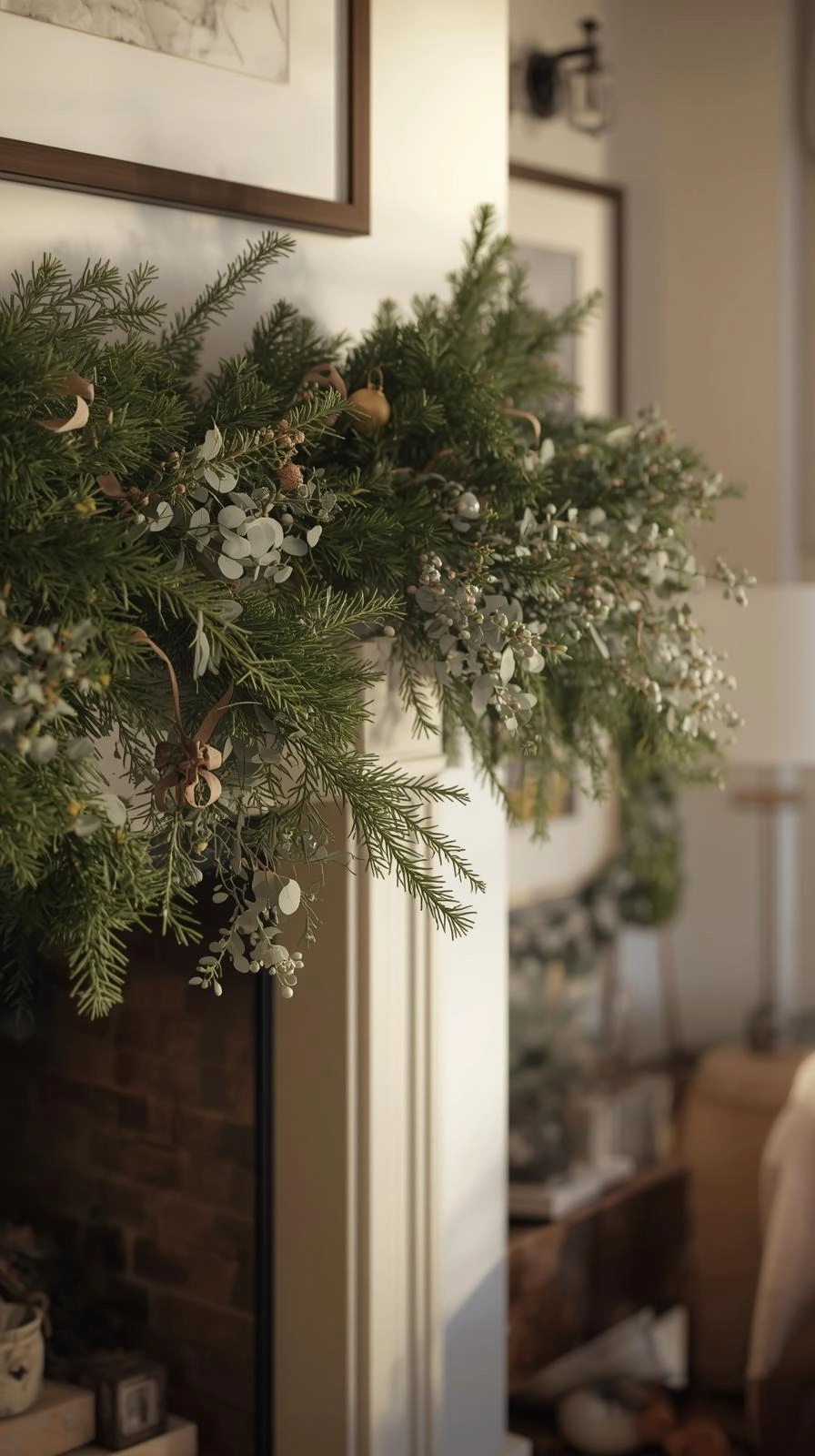 Cozy living room with a fireplace mantel decorated with natural pine and eucalyptus garland for Christmas mantel ideas.