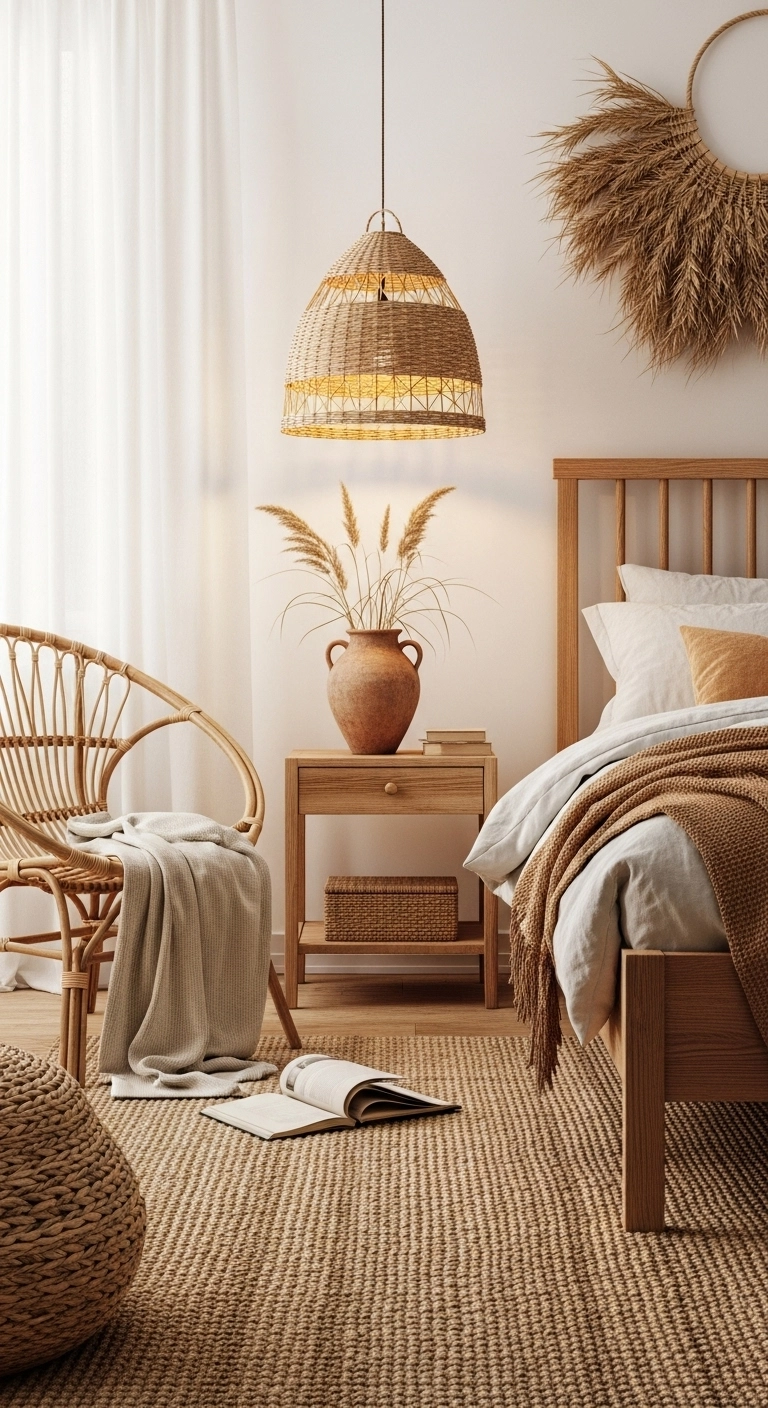 Boho coastal bedroom with wood, rattan, linen, and clay decor creating a natural, organic atmosphere.