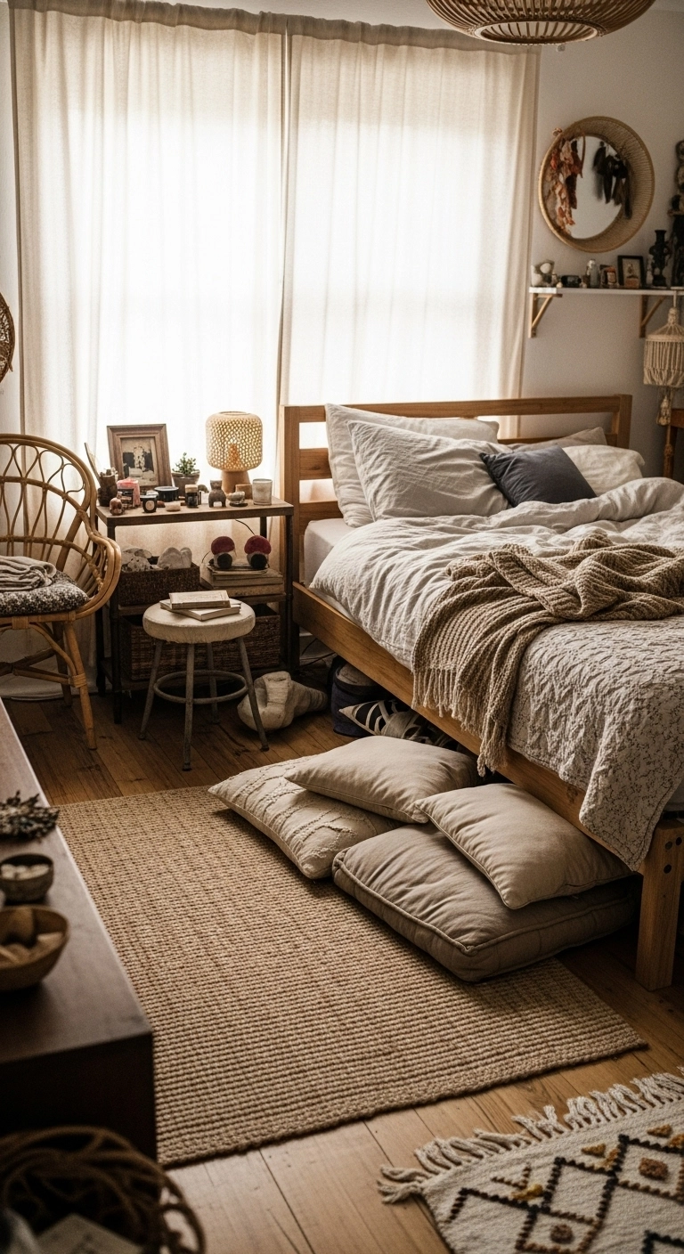 Boho style bedroom with layered decor and personal touches, natural textures, and lived-in warmth for an authentic, cozy feel.