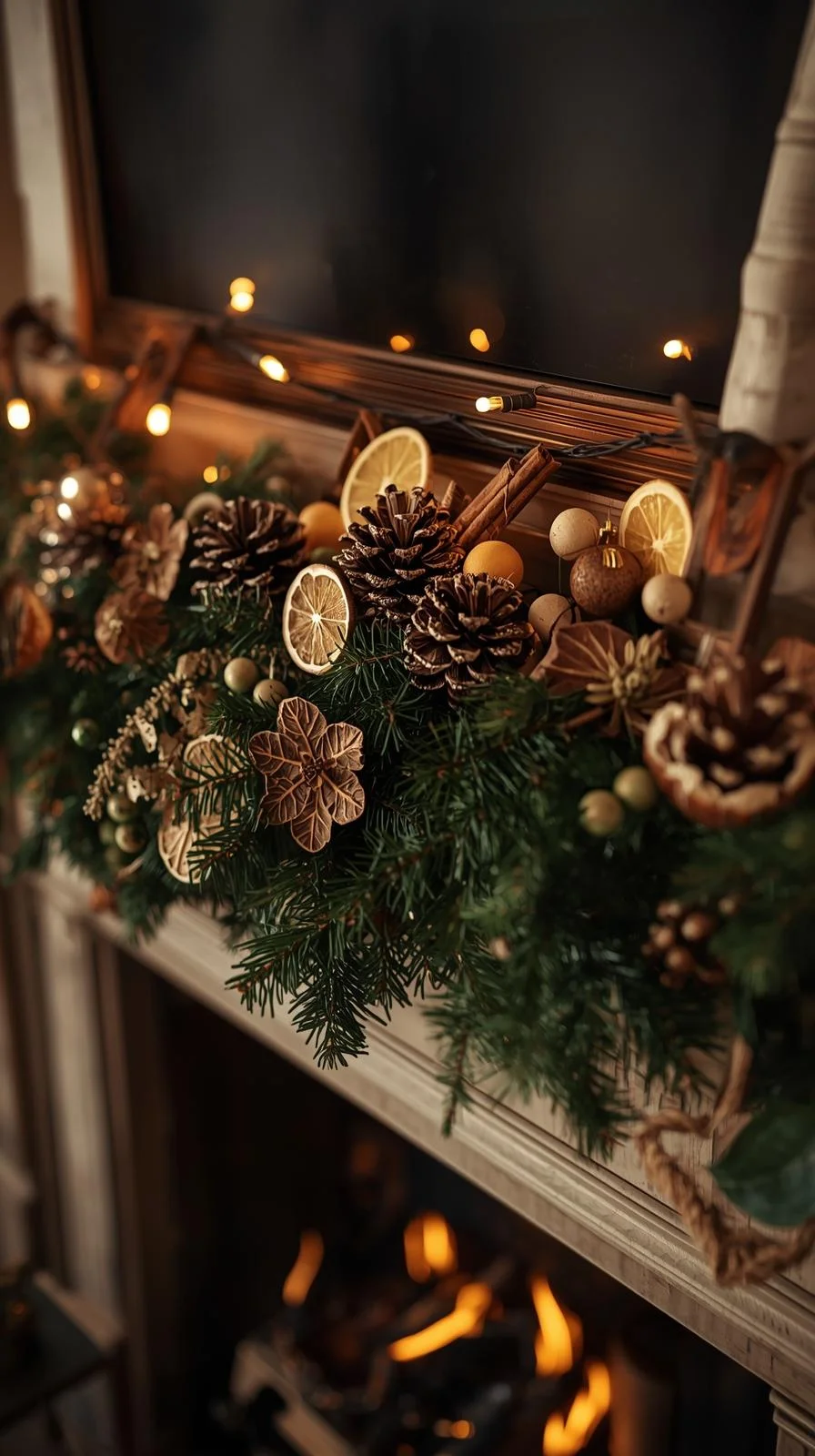 Christmas mantel decorated with pinecones, dried oranges, and cinnamon sticks for natural, cozy Christmas mantel ideas.