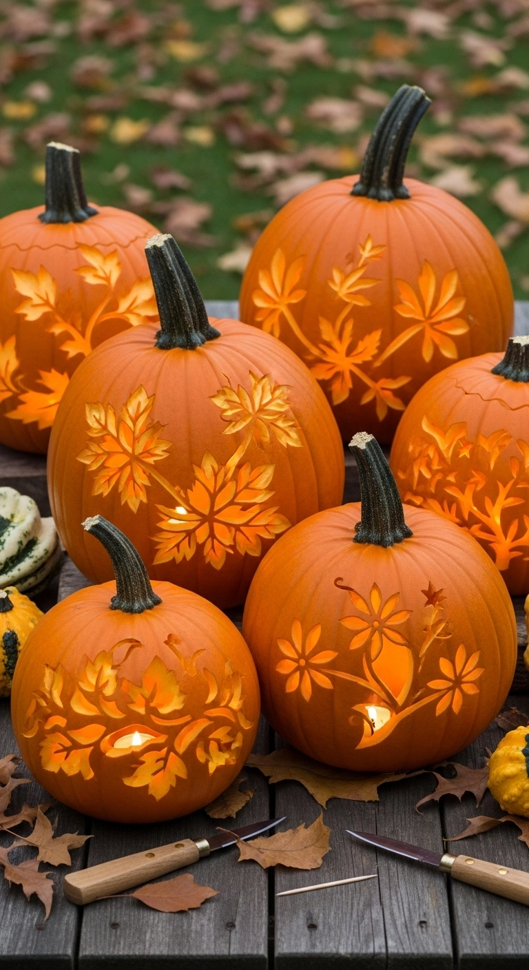 Pumpkins carved with nature-inspired designs like leaves, flowers, and vines for creative jack o lantern ideas.