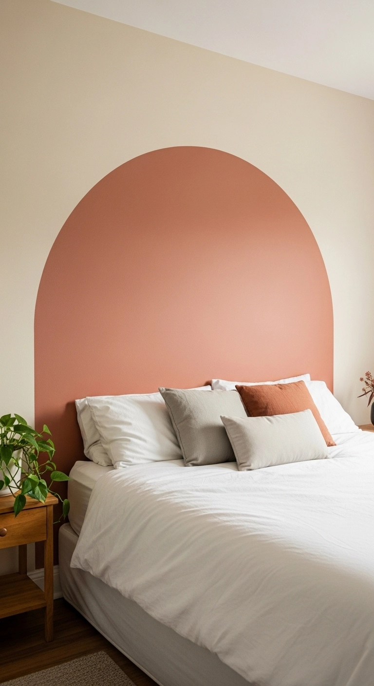 A cozy bedroom with a painted DIY headboard in a soft arch design, showing creative bedroom headboard ideas.