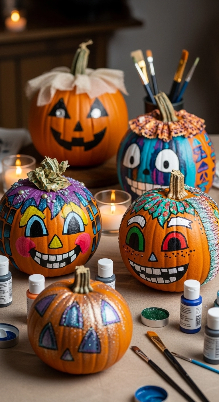 Pumpkins decorated with paint, beads, and glitter for creative jack o lantern ideas without carving.